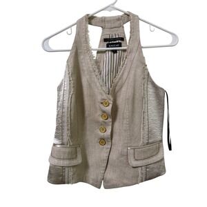 Bebe Linen Blend Metallic Halter Vest Raw Edge Fringe Cinch Back Tan Small Y2K